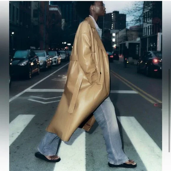 BLOGGER'S FAVE! Zara Faux Leather Trench Coat Tan Brown NWT - Picture 4 of 13